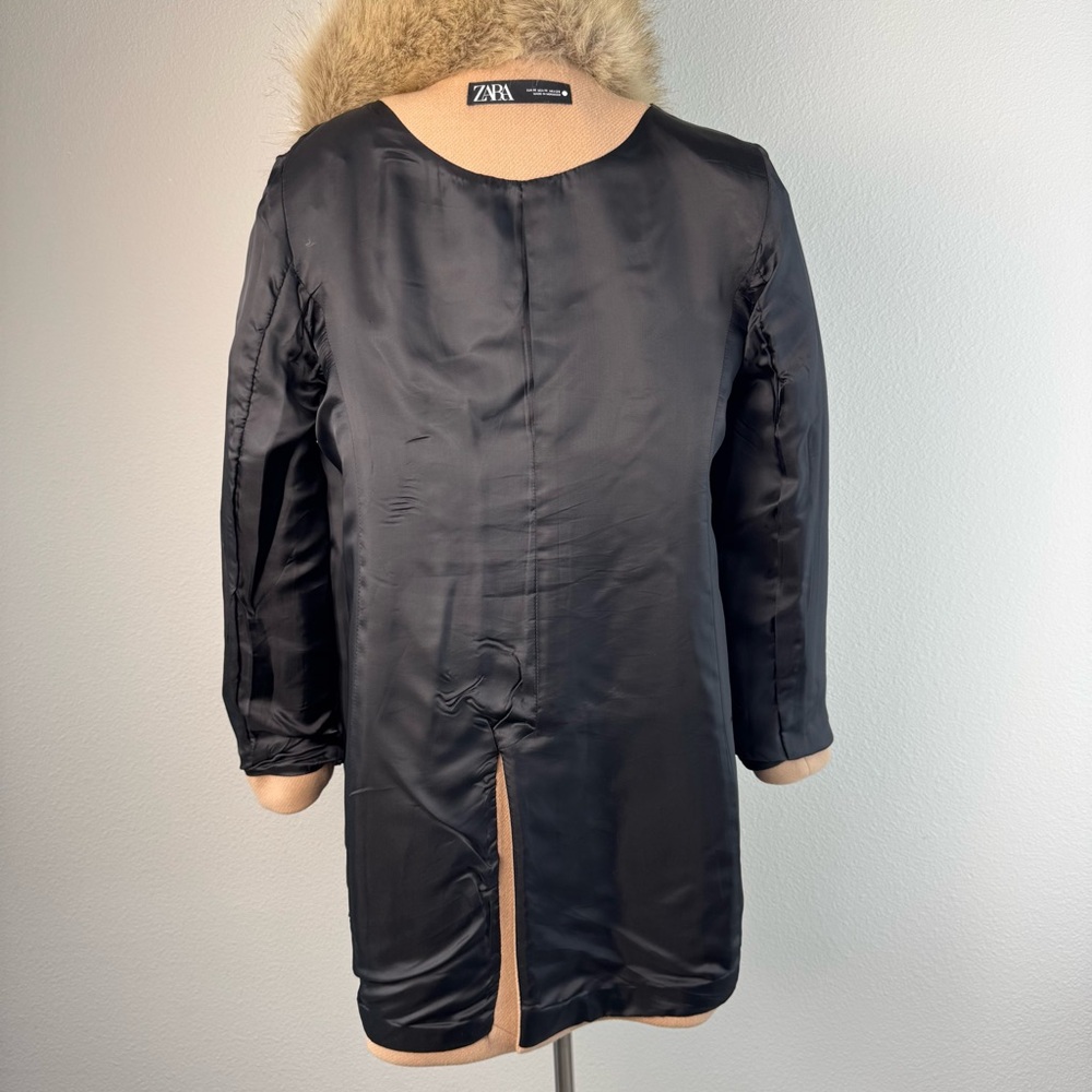 Zara Wool Blend Mid Length Coat Size M Faux Fur Removable Collar Camel Tan - Picture 9 of 17